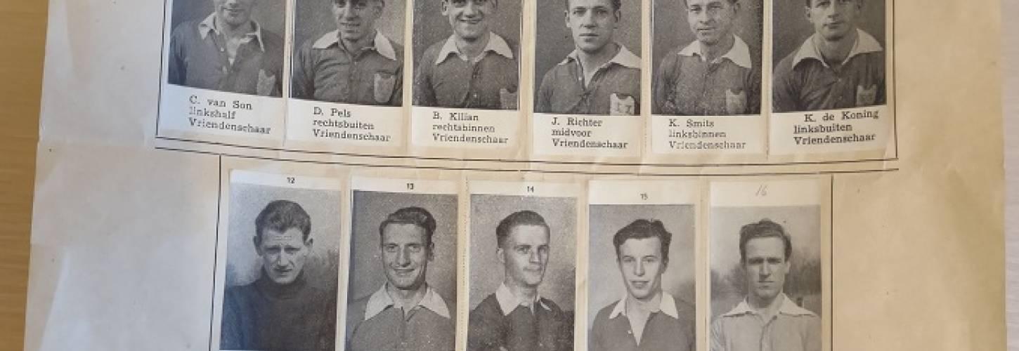 formulier met voetbalplaatjes uit 1954 met Culemborgse voetbalspelers