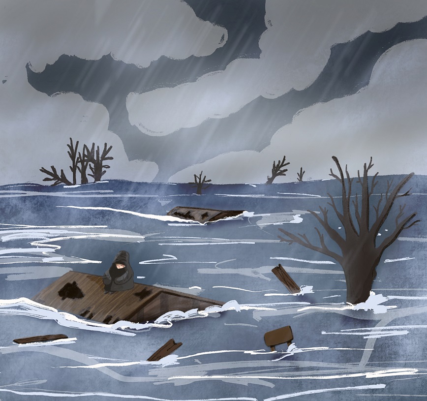 Ondergelopen landschap met regen, wrakhout en een persoon op het dak van zijn huis, weggedoken in een deken