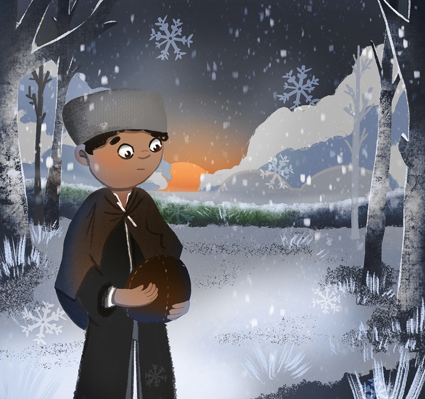 jongen met bruine jas en bontmuts in een winters landschap