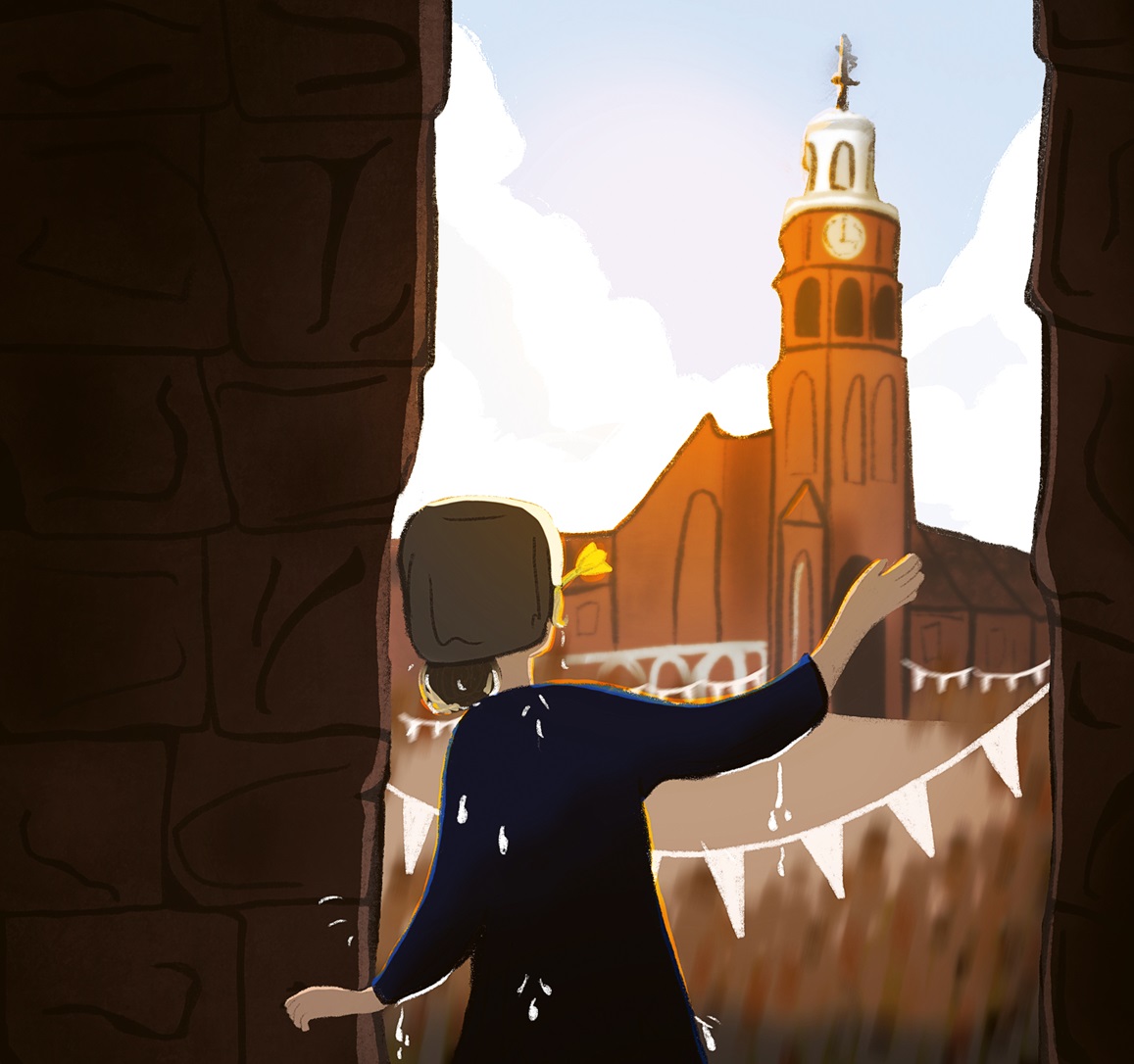 Vrouw kijkt vanuit een gebouw naar een plein met een kerk en vlaggetjes