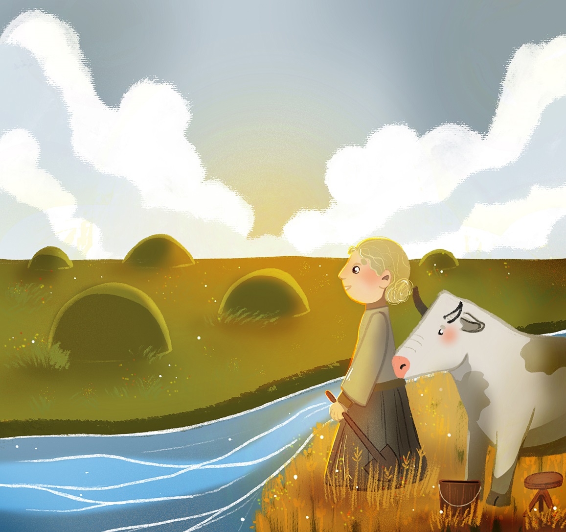 meisje met koe aan de rand van een rivier, kijkend naar een veld met heuvels