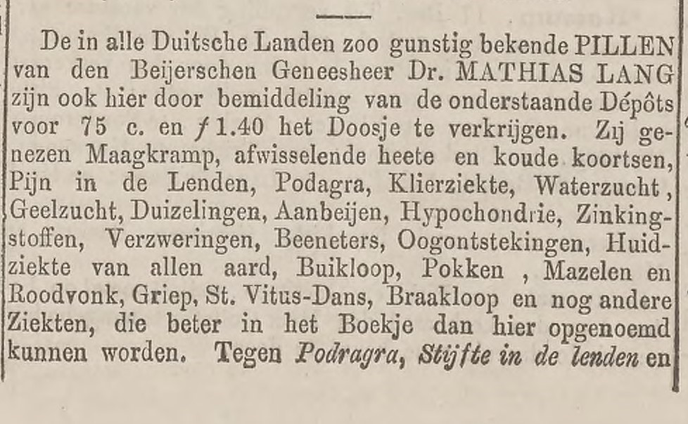 advertentie uit Culemborgsche courant van 24 december 1854 waarin een wondermiddel tegen allerlei ziektes wordt aangeprezen