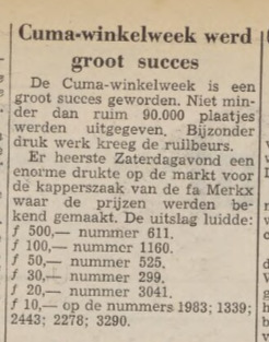 krantenartikel met uitslag loterij sportwinkelweek culemborg 1954