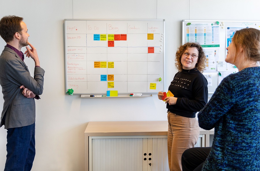 Leon, Jonna en Djoke, adviseurs digitalisering bij het Regionaal Archief Rivierenland, in overleg over de planning voor een whiteboard met fel gekleurde briefjes.