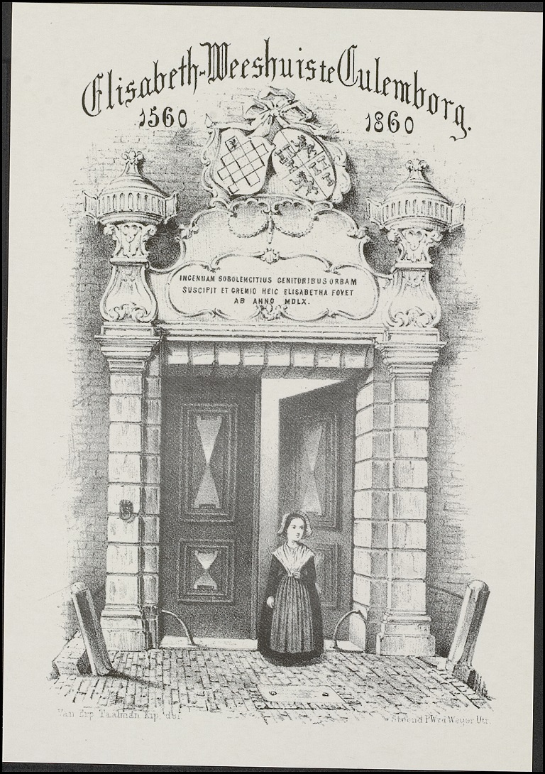 prentbriefkaart 1999, uitgegeven door vrienden van het museum elisabeth weeshuis met een tekening van een weesmeisje voor de poort van het weeshuis en de jaartallen 1560 en 1860