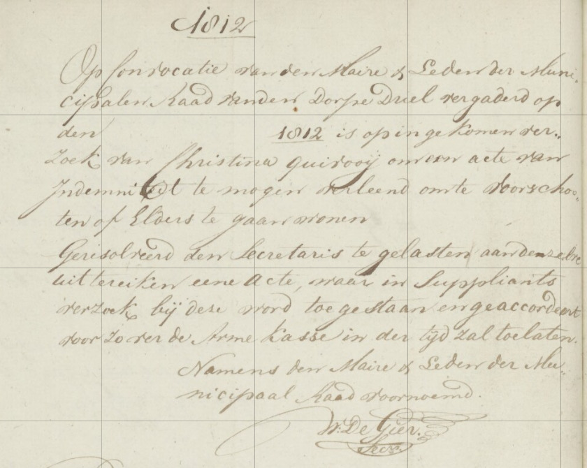 besluit van gemeenteraad Driel in 1812 dat Christina Quivooij een akte van indemniteit krijgt